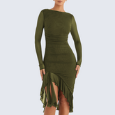 Green Long Sleeve Backless Ruffle Midi Dress